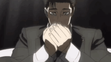 Higuruma from Jujutsu Kaisen covers his mouth with clasped hands, looking troubled.