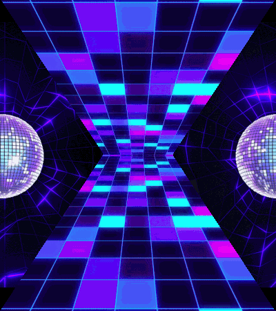 a disco ball is in the middle of a purple and blue checkered floor