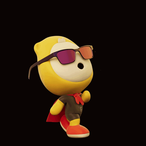 A cartoon yellow character in sunglasses stands confidently on a dark background.