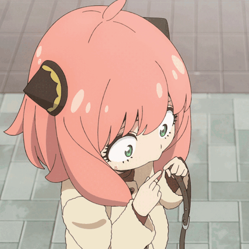 a girl with pink hair is holding a leash in her hand