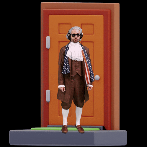 a statue of a man wearing headphones and an american flag standing in front of a door