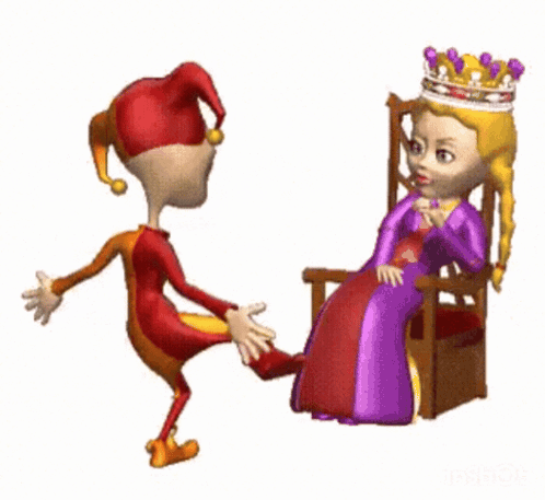a jester is standing next to a princess in a chair .