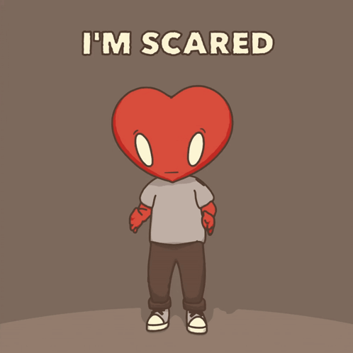 a cartoon character with a heart head and the words i 'm scared below him