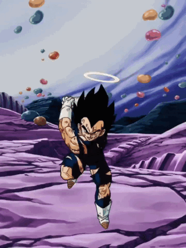 a cartoon character with a halo on his head is running