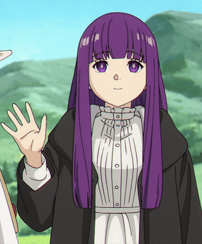 Fern from Frieren raises a hand in a calm outdoor anime scene.