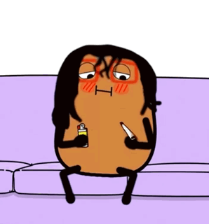 a cartoon character is sitting on a couch with a lighter in his hand