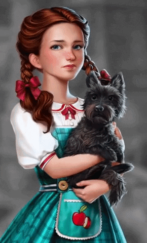 a girl in a blue dress is holding a dog