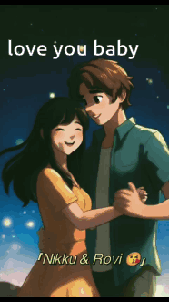 An illustrated couple embraces under the caption “love you baby.”
