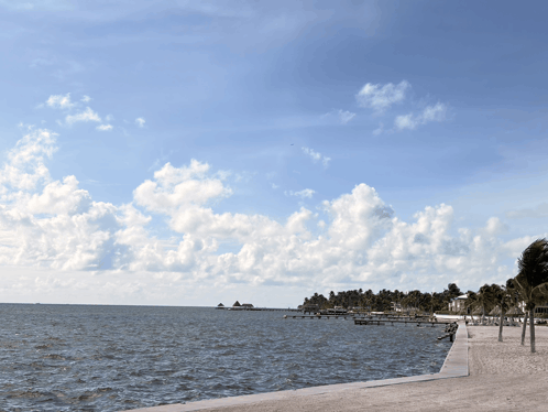 a large body of water with a dock in the foreground