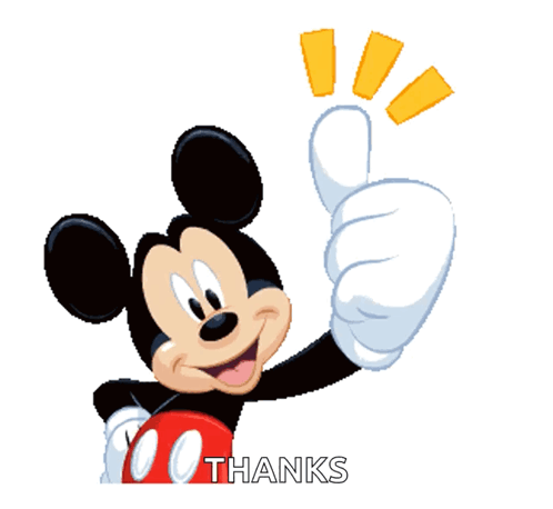 Mickey Mouse smiles and raises a thumbs up with “THANKS.”