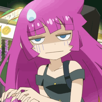 a cartoon girl with purple hair has a tear running down her face