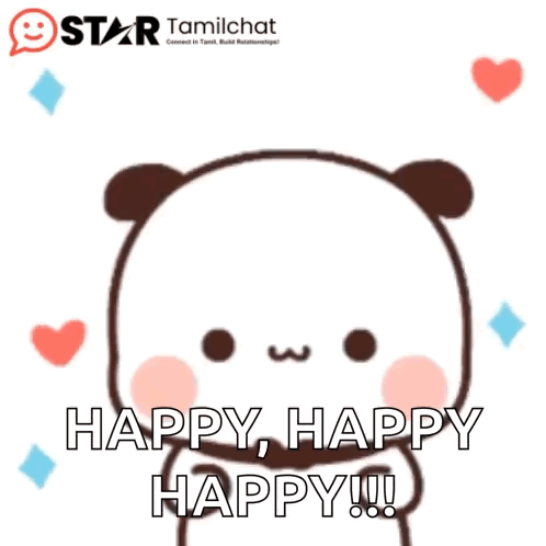A white cartoon bear dances beneath “HAPPY HAPPY HAPPY!!!”