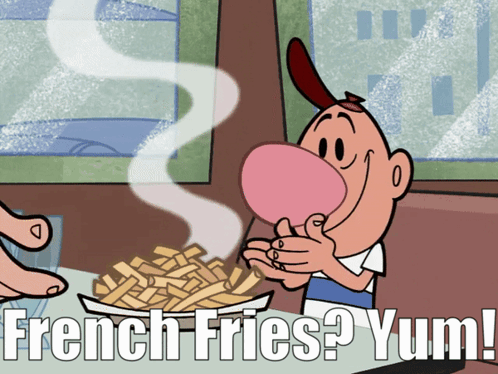 a cartoon character eating french fries with the caption french fries yum!