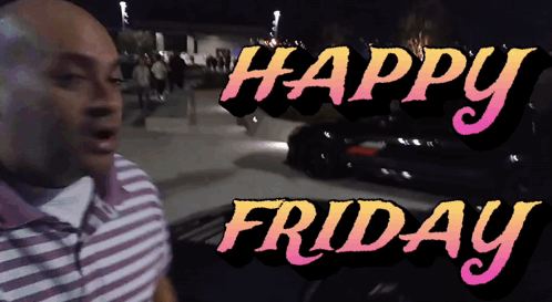 a man in a striped shirt is standing in front of a sign that says happy friday
