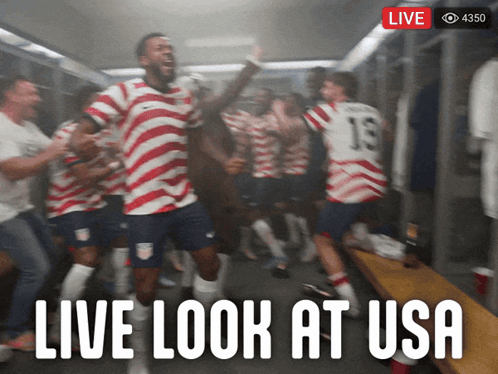 a group of soccer players are celebrating in a locker room with the words live look at usa below them