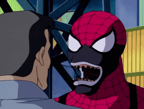 a cartoon of a man and a spider-man with his mouth wide open