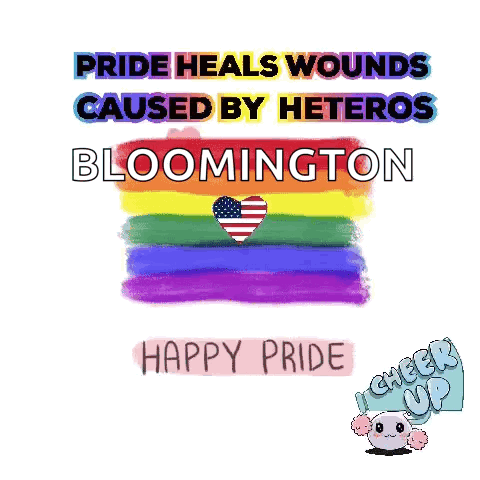 a rainbow flag with the words pride heals wounds caused by heteros bloomington happy pride