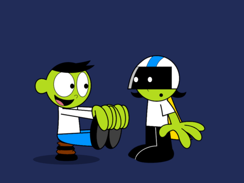 a cartoon character is sitting on a spring while another character is standing next to him