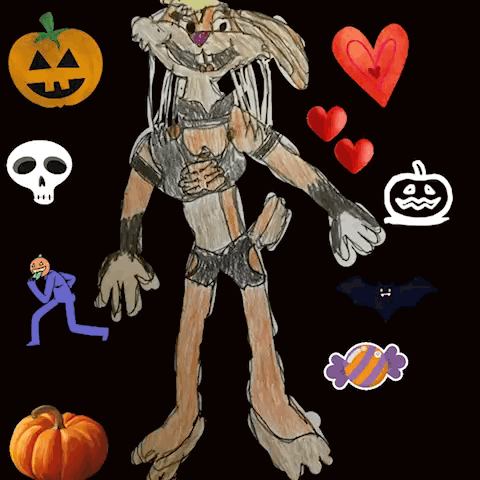 a drawing of a bunny surrounded by halloween symbols including a pumpkin and a skull