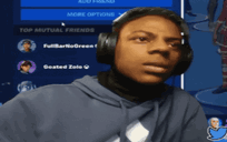 A headset-wearing streamer looks sideways with an irritated, stressed expression.
