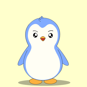 A blue cartoon penguin stands on a pale yellow background.