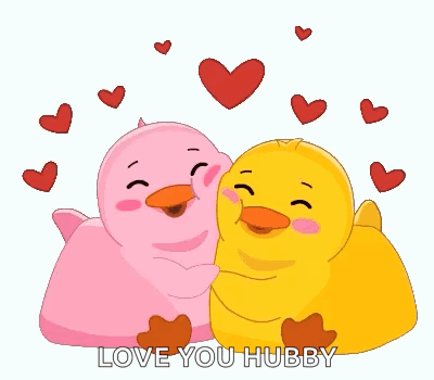 a couple of ducks hugging each other with the words love you hubby above them