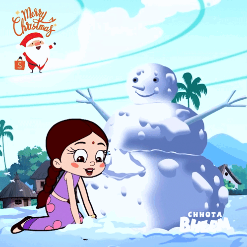 a cartoon of a girl kneeling next to a snowman with merry christmas written on the top