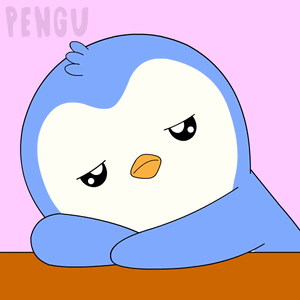 a penguin with a sad look on its face is on a pink background with the word pengu