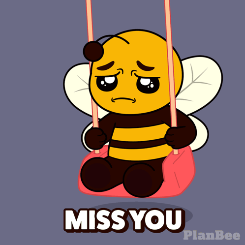 A sad bee character sits hugging a red heart with “MISS YOU” below.