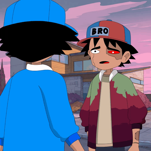 a cartoon character wearing a bro hat talks to another character