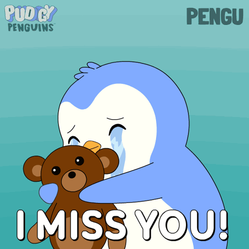 a penguin holding a teddy bear with the words " i miss you " on the bottom