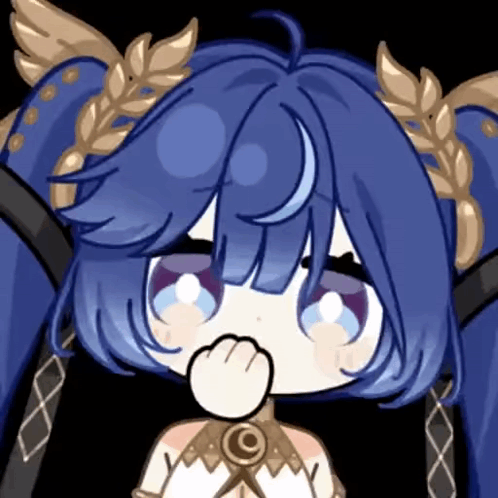 a little girl with blue hair and a laurel wreath on her head