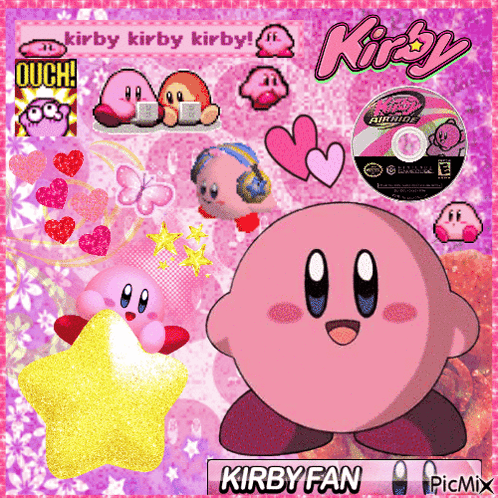 a picture of kirby surrounded by hearts and a star