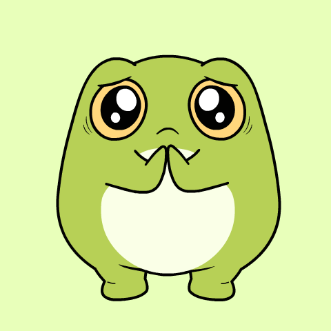 a cartoon frog with big orange eyes and a sad look on its face