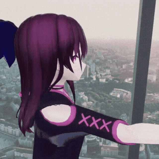 a girl with purple hair and a black shirt with xxx on her arm