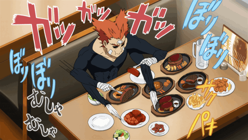 a man is sitting at a table with plates of food and a sign that says ' ' ' ' on it