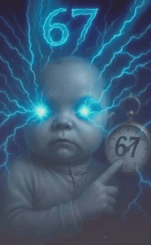 a baby is pointing at a clock that says 67