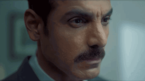 a close up of a man 's face with a mustache looking at the camera .