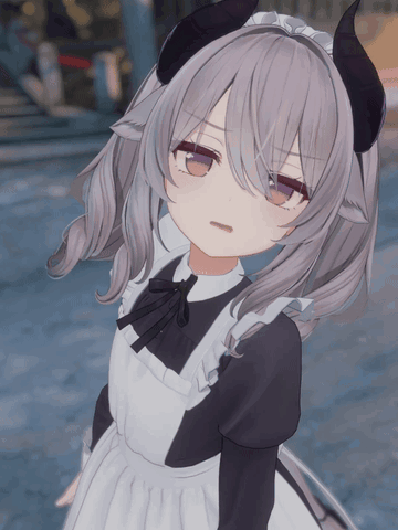 a girl with gray hair and horns is wearing a maid outfit