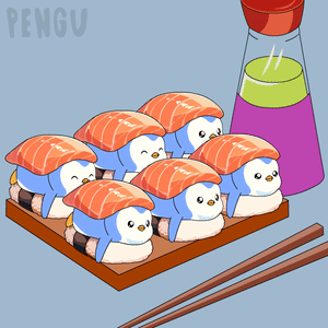 a drawing of penguins eating sushi next to a bottle of soy sauce and chopsticks