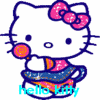 hello kitty is holding a lollipop and a cup of tea