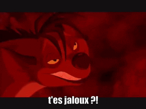 a cartoon of a hyena with its mouth open and the words `` t 'es jaloux ? ''