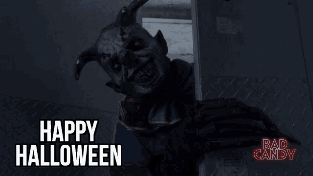 a picture of a clown with the words happy halloween on it