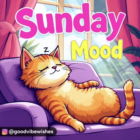 A smiling orange cat lies comfortably on a couch under “Sunday Mood.”