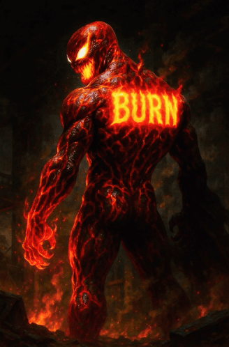 a monster with burn written on his back