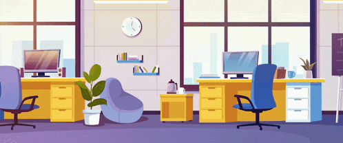 a cartoon illustration of an office with a clock above the desk