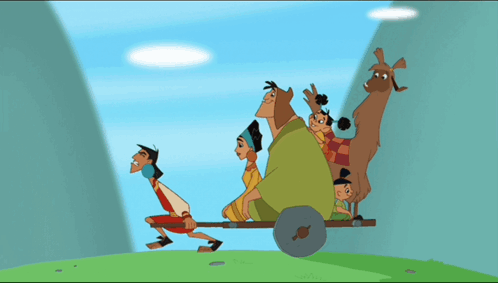 a group of cartoon characters pulling a cart with a llama on the back
