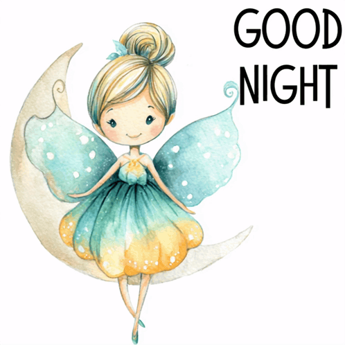 A tiny fairy-like girl sits on a crescent moon beside “GOOD NIGHT.”