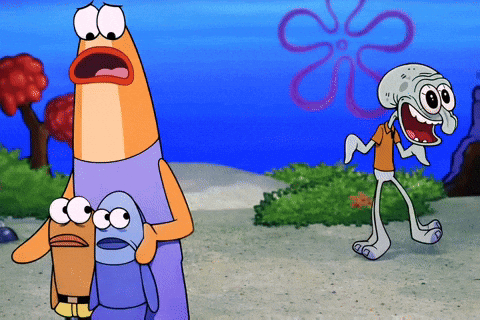 SpongeBob, Patrick, and Squidward react in Bikini Bottom.