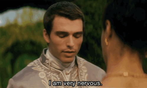 a man and woman are looking at each other and the man is saying i am very nervous